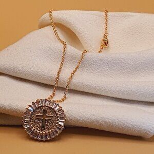 Round Cross Carved CZ Full Filled 14K Gold Plated Dainty Necklace, INDN8639
